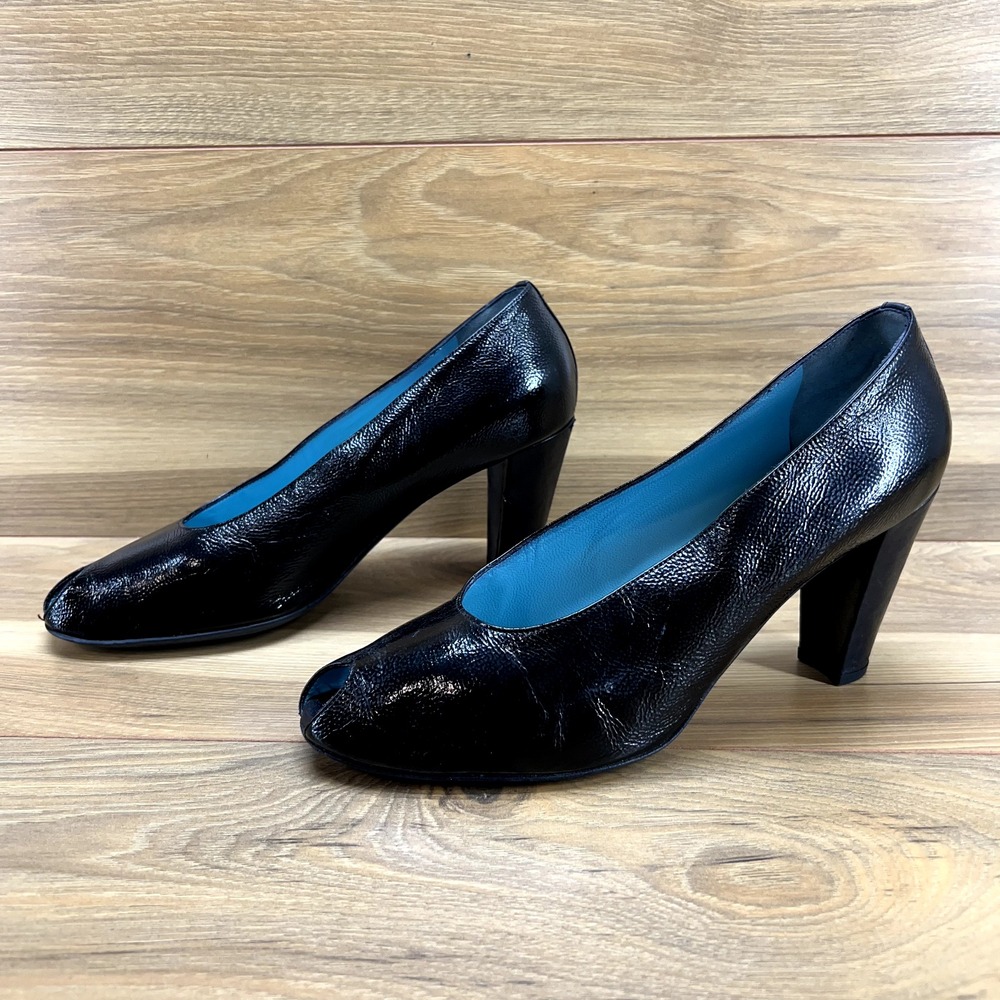 Thierry Rabotin Womens 9 EU 39.5 Peep Toe Pumps Heels Black Patent Leather